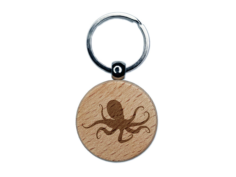 Octopus Solid Engraved Wood Round Keychain Tag Charm