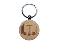 Open Book Reading Symbol Engraved Wood Round Keychain Tag Charm