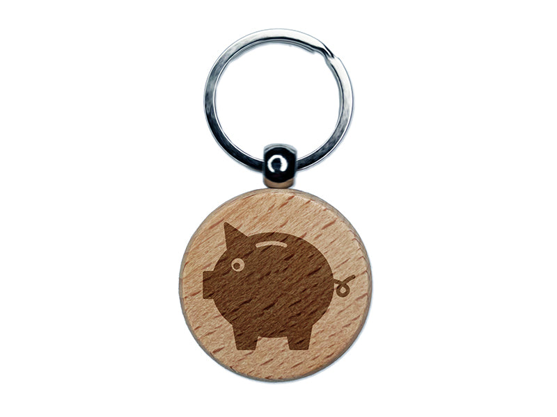 Piggy Bank Solid Engraved Wood Round Keychain Tag Charm