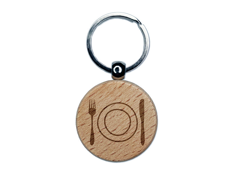 Place Setting Fork Knife Plate Utensil Eating Sketch Engraved Wood Round Keychain Tag Charm