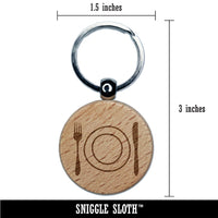 Place Setting Fork Knife Plate Utensil Eating Sketch Engraved Wood Round Keychain Tag Charm