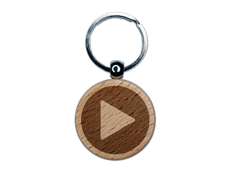 Play Button Icon Engraved Wood Round Keychain Tag Charm