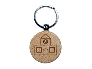 School Building Icon Engraved Wood Round Keychain Tag Charm