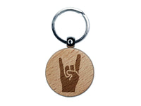 Sign of the Horns Rock and Roll Hand Gesture Engraved Wood Round Keychain Tag Charm