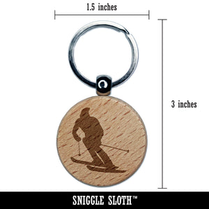 Skiing Skier Solid Engraved Wood Round Keychain Tag Charm