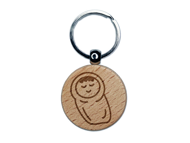 Sleeping Baby Doodle Engraved Wood Round Keychain Tag Charm