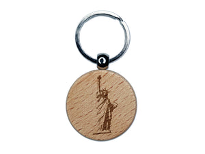 Statue of Liberty Sketch Engraved Wood Round Keychain Tag Charm