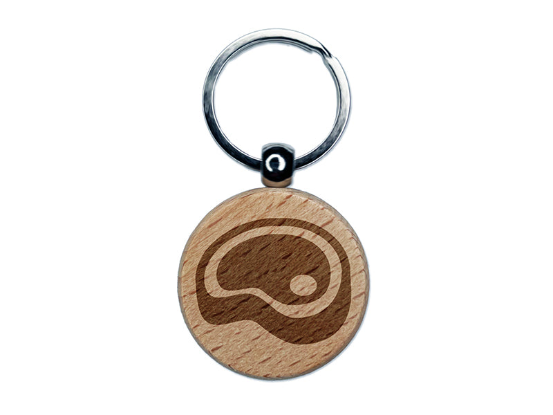 Steak Beef Dinner Icon Engraved Wood Round Keychain Tag Charm