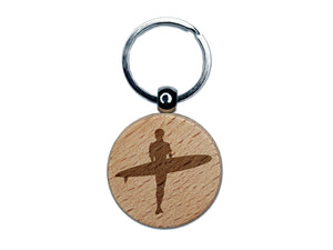 Surfer Surfing Walking with Surfboard Silhouette Engraved Wood Round Keychain Tag Charm