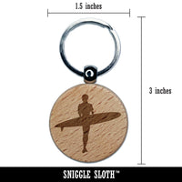 Surfer Surfing Walking with Surfboard Silhouette Engraved Wood Round Keychain Tag Charm