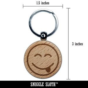 Tongue Out Face Emoticon Engraved Wood Round Keychain Tag Charm