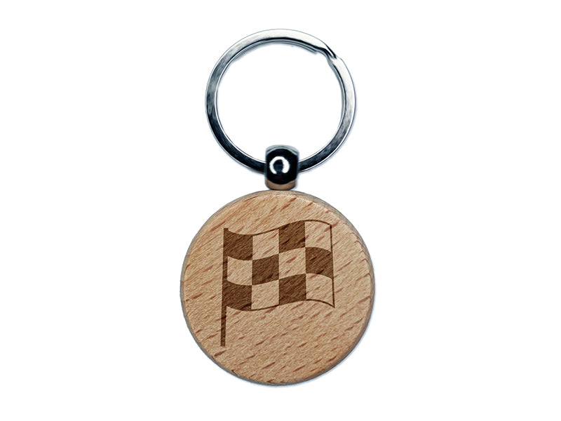 Waving Checkered Flag Engraved Wood Round Keychain Tag Charm