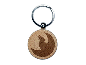 Wolf Howling with Moon Engraved Wood Round Keychain Tag Charm