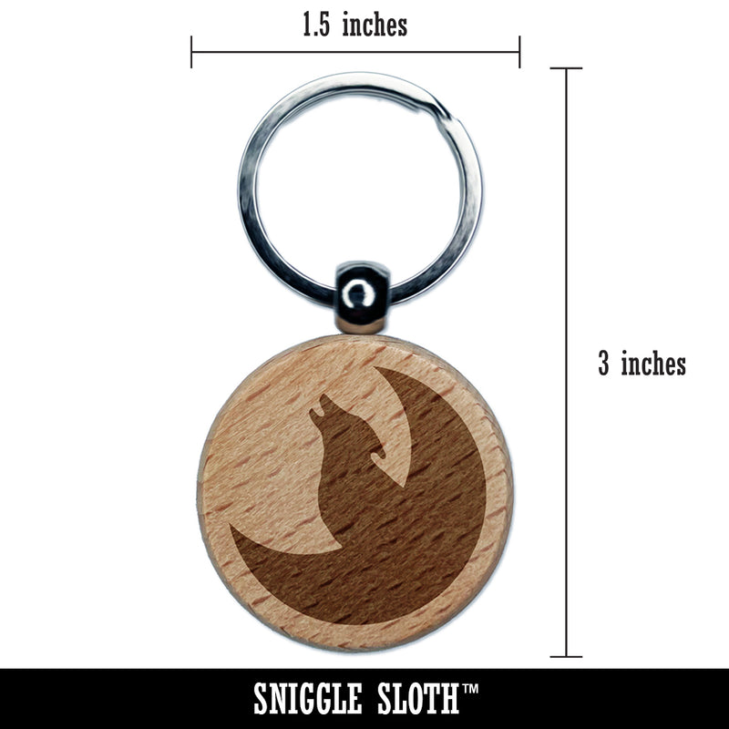 Wolf Howling with Moon Engraved Wood Round Keychain Tag Charm