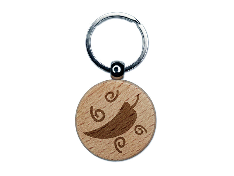 Chili Pepper with Swirls Fiesta Engraved Wood Round Keychain Tag Charm