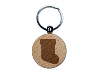 Christmas Stocking Solid Engraved Wood Round Keychain Tag Charm