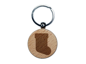 Christmas Stocking Solid Engraved Wood Round Keychain Tag Charm