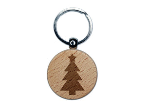 Christmas Tree with Star Solid Engraved Wood Round Keychain Tag Charm