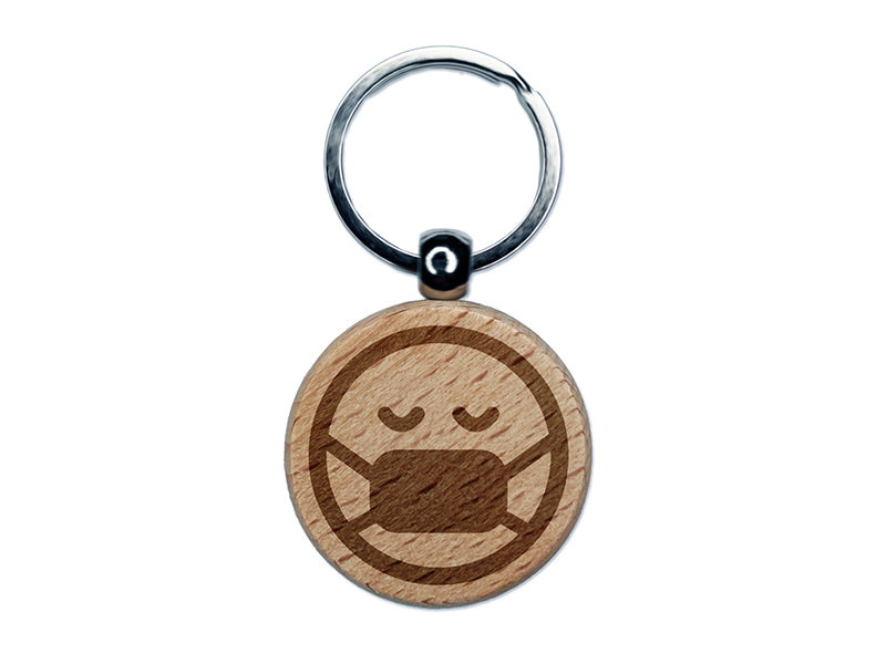 Face Mask Sick Health Emoticon Engraved Wood Round Keychain Tag Charm