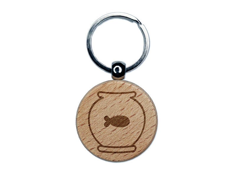 Fish Bowl Engraved Wood Round Keychain Tag Charm