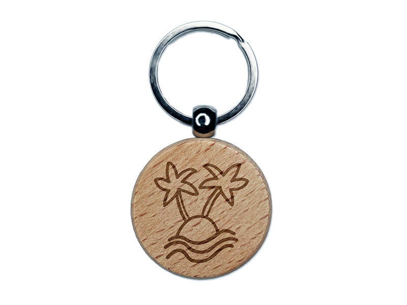 Palm Tree Island Doodle Engraved Wood Round Keychain Tag Charm