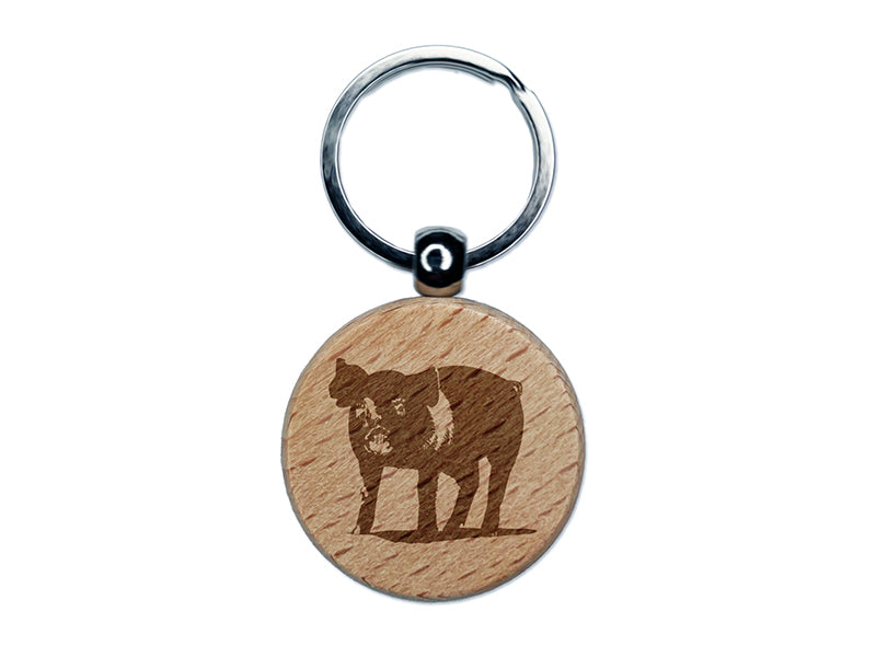 Pig Sketch Engraved Wood Round Keychain Tag Charm