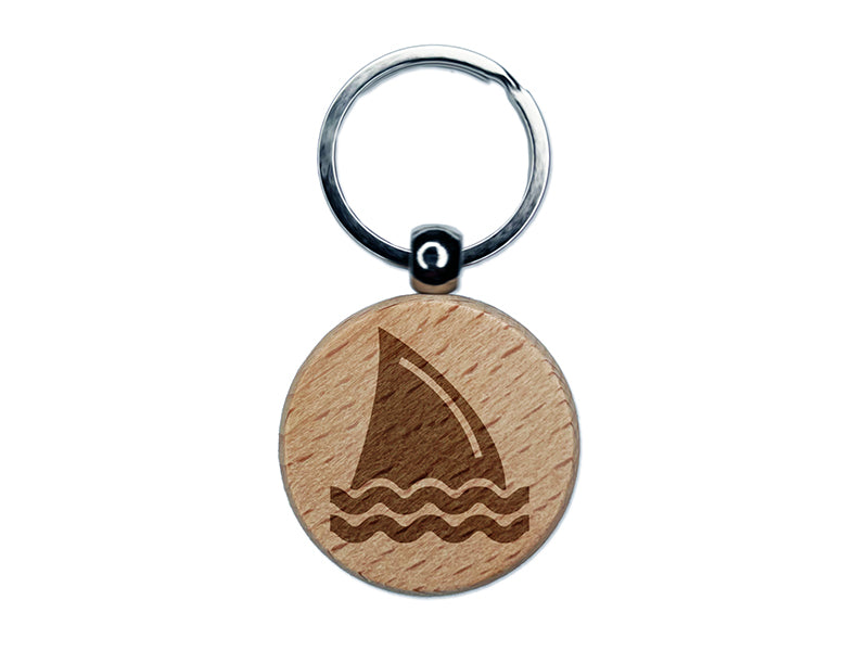 Shark Fin in Water Engraved Wood Round Keychain Tag Charm