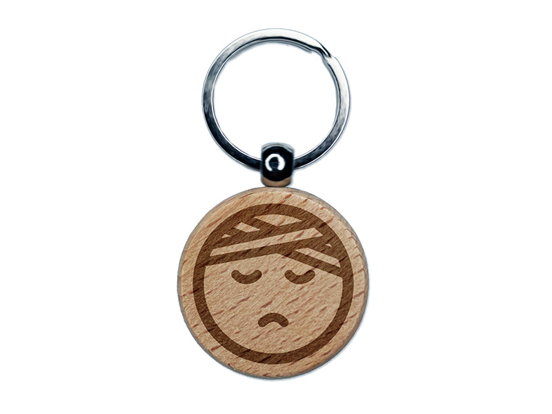 Sick Ill Face Hospital Bandage Emoticon Engraved Wood Round Keychain Tag Charm