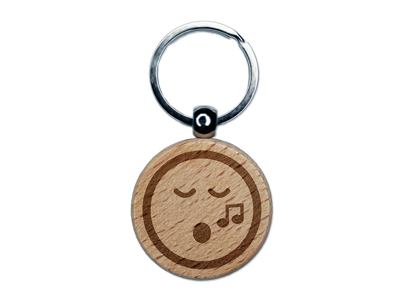 Singing Face Music Emoticon Engraved Wood Round Keychain Tag Charm