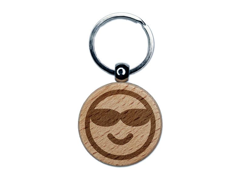 Sunglasses Cool Smile Happy Emoticon Engraved Wood Round Keychain Tag Charm