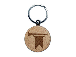 Trumpet and Banner Royal Medieval Engraved Wood Round Keychain Tag Charm