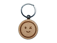 Winking Smiling Face Emoticon Engraved Wood Round Keychain Tag Charm