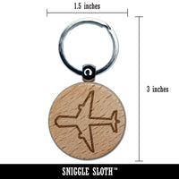 Airplane Outline Engraved Wood Round Keychain Tag Charm