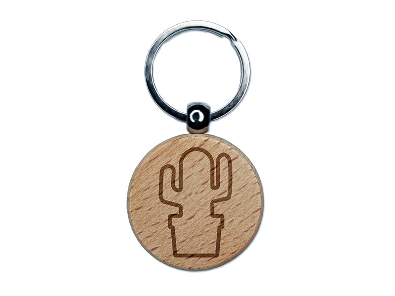 Cactus in Pot Outline Engraved Wood Round Keychain Tag Charm