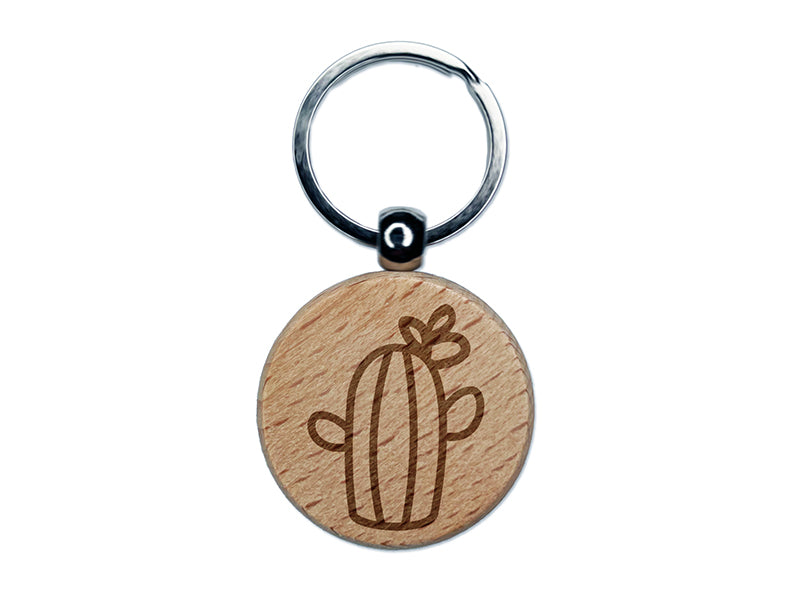 Cactus Succulent with Flower Doodle Engraved Wood Round Keychain Tag Charm
