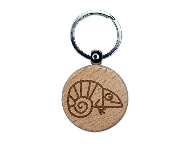 Chameleon Lizard Doodle Engraved Wood Round Keychain Tag Charm