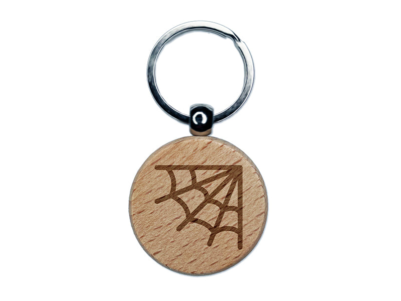 Corner Spider Web Engraved Wood Round Keychain Tag Charm