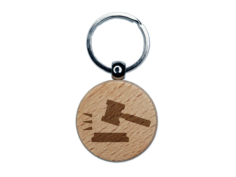 Gavel Judge Lawyer Icon Engraved Wood Round Keychain Tag Charm