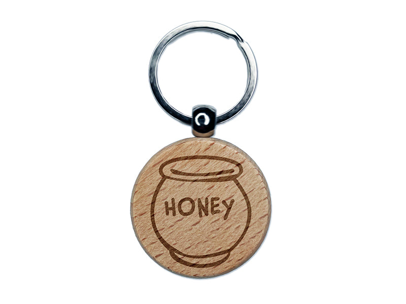 Honey Pot Doodle Bee Engraved Wood Round Keychain Tag Charm