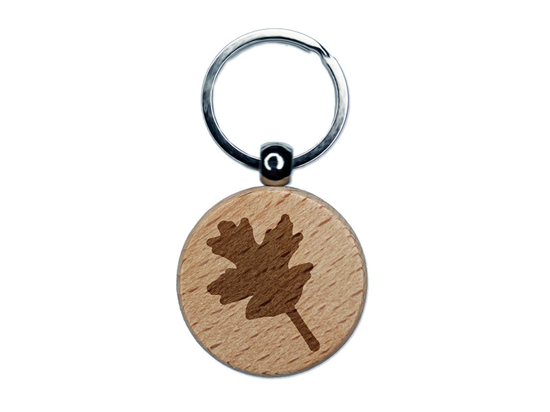 Oak Leaf Solid Engraved Wood Round Keychain Tag Charm