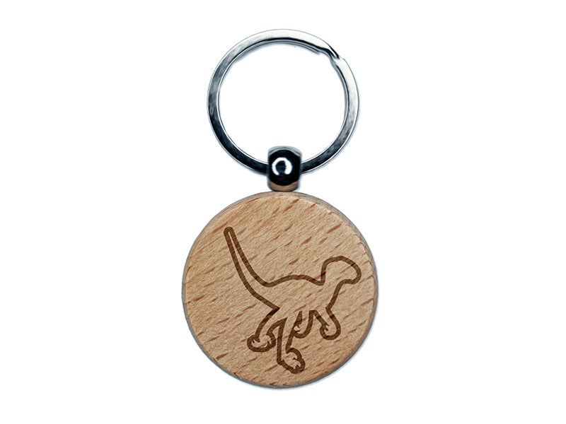 Velociraptor Dinosaur Outline Engraved Wood Round Keychain Tag Charm