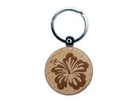 Pretty Hibiscus Flower Tropical Engraved Wood Round Keychain Tag Charm