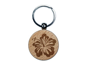 Pretty Hibiscus Flower Tropical Engraved Wood Round Keychain Tag Charm