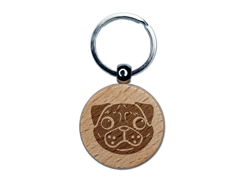 Pug Face Engraved Wood Round Keychain Tag Charm