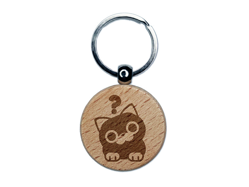 Round Cat Curious Engraved Wood Round Keychain Tag Charm