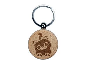 Round Cat Curious Engraved Wood Round Keychain Tag Charm