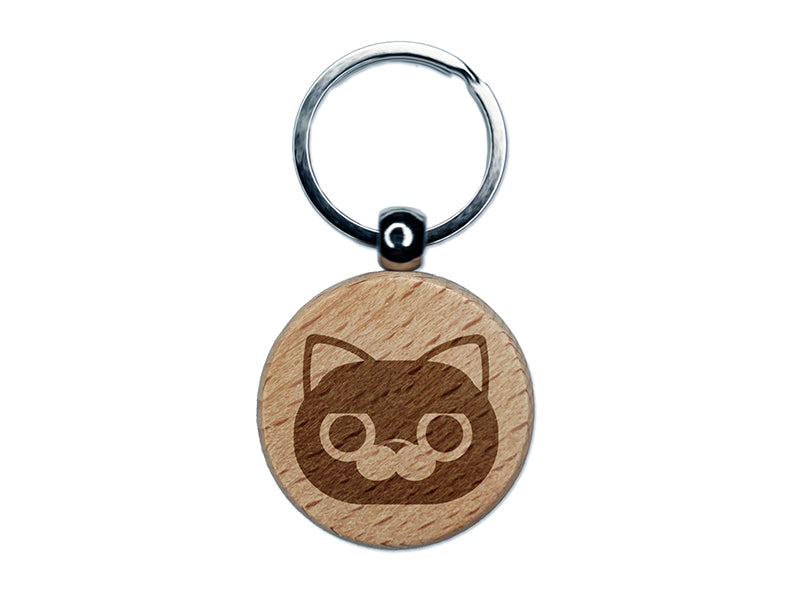 Round Cat Face Concerned Engraved Wood Round Keychain Tag Charm