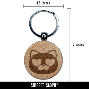 Round Cat Face Love Heart Eyes Engraved Wood Round Keychain Tag Charm