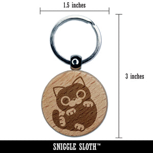 Round Cat Playful Engraved Wood Round Keychain Tag Charm