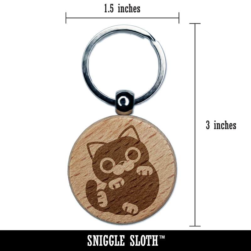 Round Cat Playful Engraved Wood Round Keychain Tag Charm